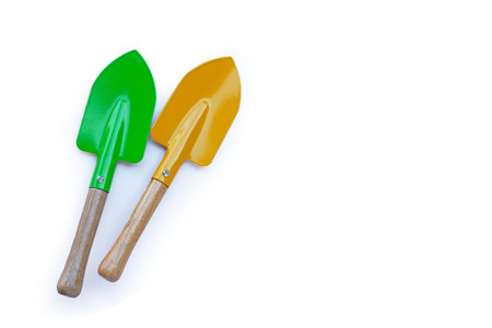 Shovels for gardening on white background.