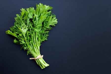 Mustard Green on dark background.の写真素材