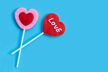 Valentineheart shapped cookies on blue background.  Copy spaceの写真素材