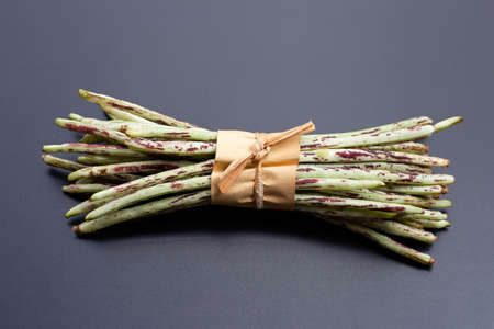 Green purple yard long bean on dark background.の写真素材