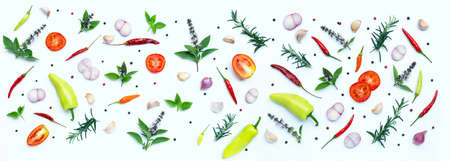 Cooking ingredients, Various fresh vegetables and herbs on white background. Healthy eating conceptの写真素材