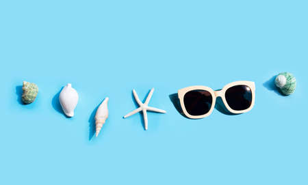 Sunglasses with starfish and exotic sea shells on blue. Summer background concept
