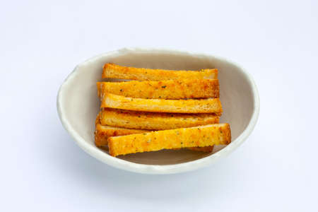 Garlic bread sticks isolated on white background.