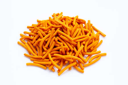 Salt breadsticks on white background.