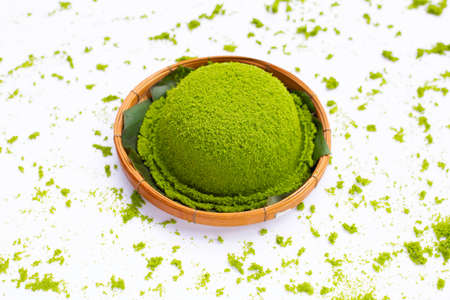 Wolffia globosa or water meal in bamboo basket on white background.