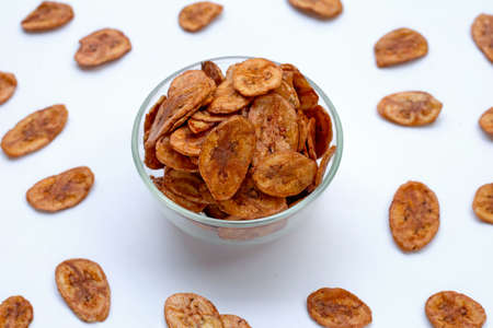 Banana chips on white background.の写真素材