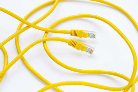 LAN network connection yellow cables on white