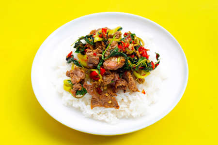 Rice topped with stir-fried beef with holy basilの写真素材