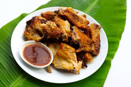 Grilled chicken, Thai style food on banana leafの写真素材