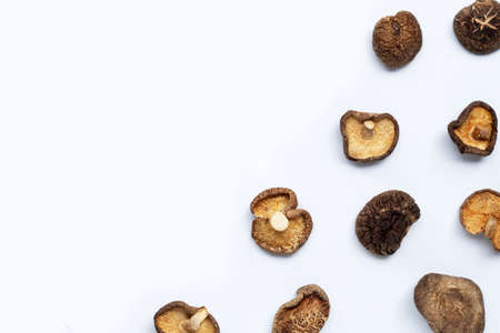 Dried shiitake mushrooms on white background.の写真素材
