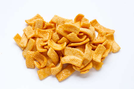 Potato chips, Snack coated in caramel on white background.