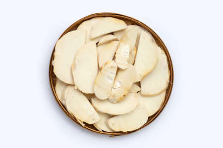 Bamboo shoots in bamboo basket on white backgroundの写真素材