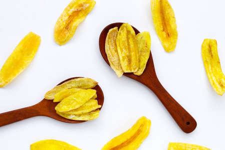 Banana slice chips on white backgroundの写真素材