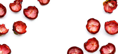 Mangosteen peels on white background. Top viewの写真素材