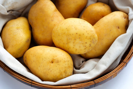 Raw potatoes in bamboo basketの写真素材