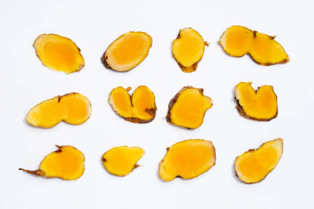 Phlai slices, Cassumumr ginger or zingiber montanum on white background.の写真素材