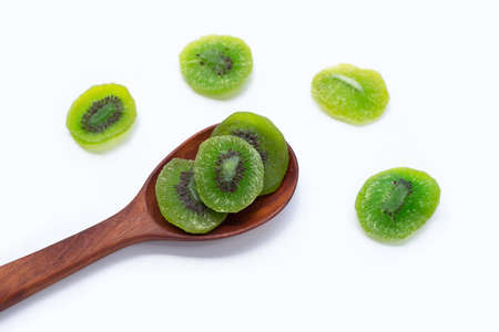 Dried kiwi fruit on white backgroundの写真素材