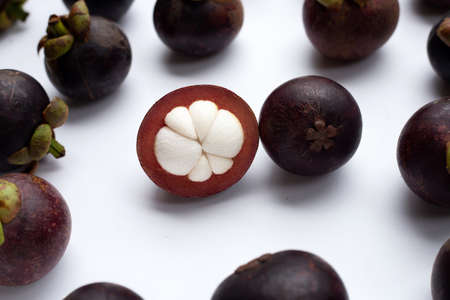 Mangosteen on white background. Top viewの写真素材