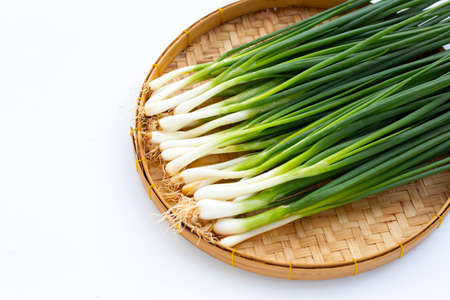 Spring onions in bamboo basket on white backgroundの写真素材