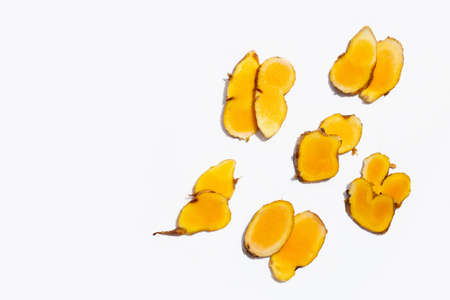 Phlai slices, Cassumumr ginger or zingiber montanum on white background.の写真素材