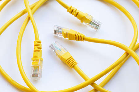 LAN network connection  yellow cables on white