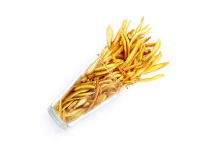 Sliced finger root in glass on white background.