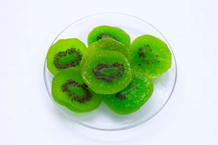 Dried kiwi fruit on white backgroundの写真素材