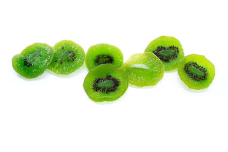 Dried kiwi fruit on white backgroundの写真素材