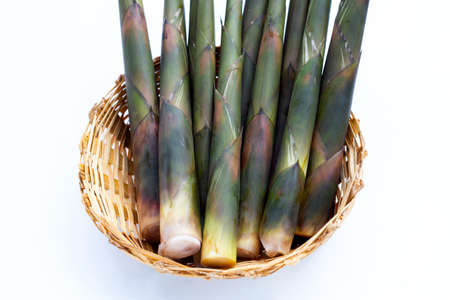 Fresh bamboo shoots in bamboo basket on white background.の写真素材