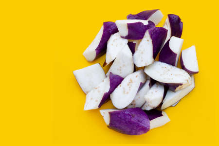 Fresh eggplant on yellow background. copy spaceの写真素材