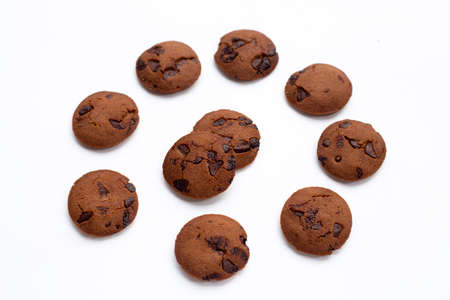 Chocolate chip cookies on white background.