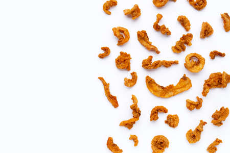 Fried crispy pork belly recipe on white background.