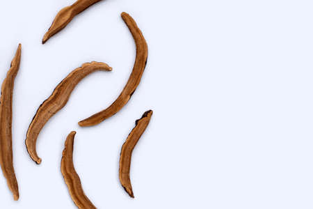 Dried lingzhi mushroom slices on white background