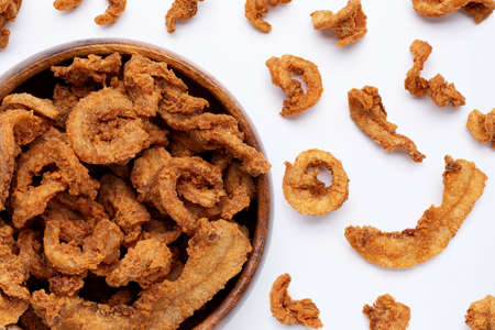 Fried crispy pork belly recipe on white background.の写真素材