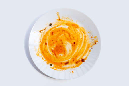 Dirty dish on white background. Top viewの写真素材