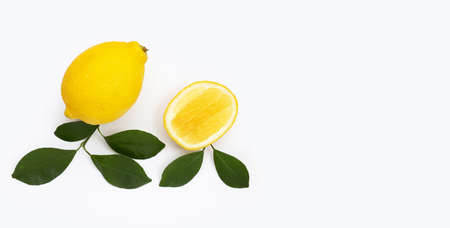 Fresh lemon with green leaves on white background.の写真素材