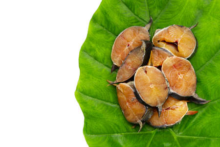 Catfish cut pieces on green leafの写真素材