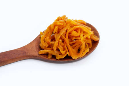Pickle Turnip in wooden spoon on white