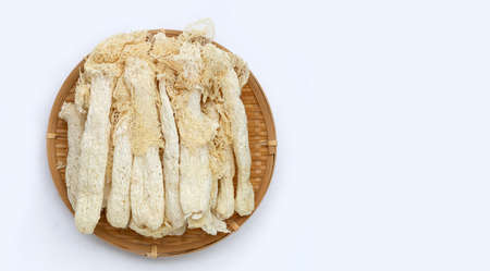 Dried tropical stinkhorn mushroom in bamboo basketの写真素材