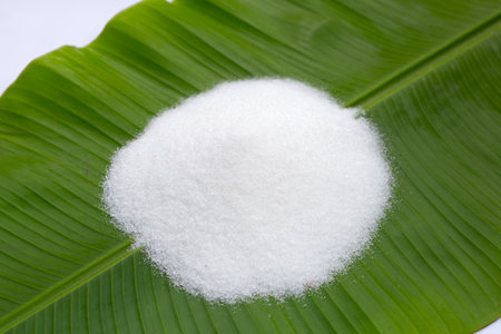 Granulated sugar on banana leafの写真素材