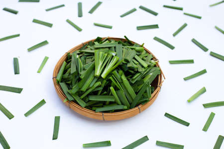 Fresh Chinese Chive leaves on white background.
