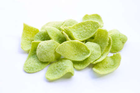 Prawn crackers on white background. Shrimp crispy rice snackの写真素材