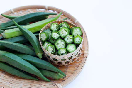 Fresh okra on white backgroundの写真素材