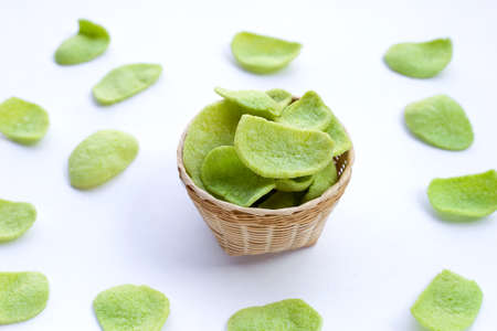 Prawn crackers on white background. Shrimp crispy rice snackの写真素材
