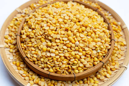 Peeled split soy beans on bamboo plate