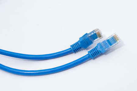 LAN network connection ethernet blue cables on white background.