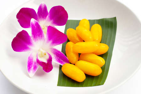 Mung bean paste formed in egg yolk and sugar. Thai Dessertの写真素材