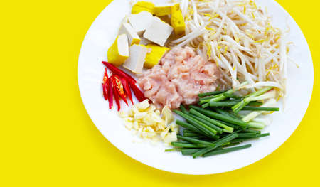 Ingredients of fried bean sprouts with minced pork and tofuの写真素材