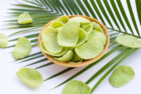 Prawn crackers in bamboo basket. Shrimp crispy rice snackの写真素材