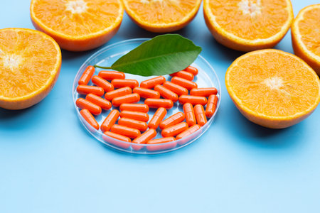 Vitamin C pills with  fresh orange citrus fruit on blue background.の写真素材